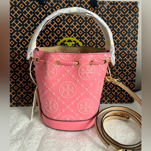 Tory Burch T Monogram Contrast Embossed Mini Bucket Bag Crossbody Bag Rose Pink - Picture 8 of 9